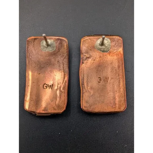 Vintage Navajo GW Stamped Copper Beaded Stud Earrings Southwestern Sunset Palett - Picture 3 of 6